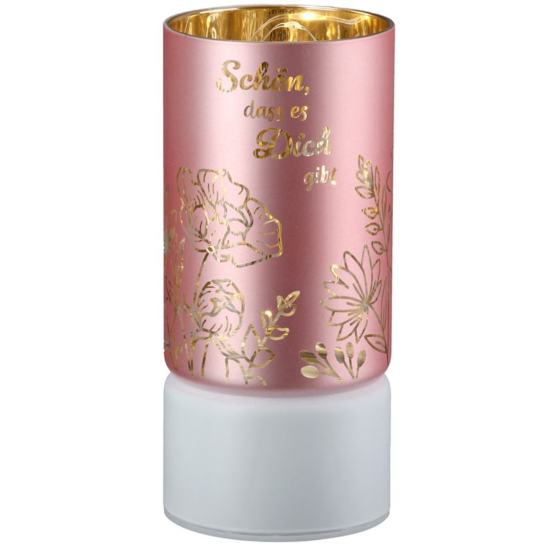 Photophore LED bouquet de fleurs, rosa, avec phrase 15cm