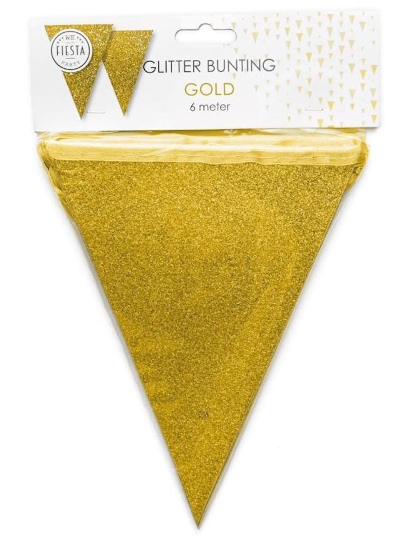 Wimpelkette glitzernd gold 6 m, Wimpel 16x20 cm, Karton