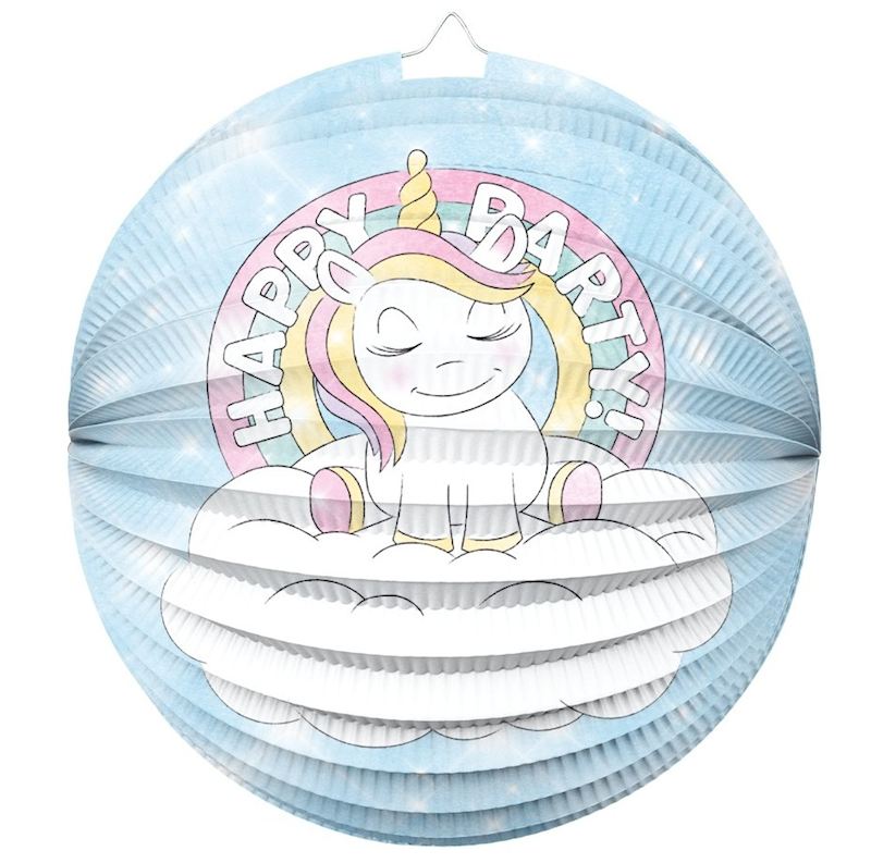 Lanterne en papier ronde avec Licorne, Happy Party 25 cm