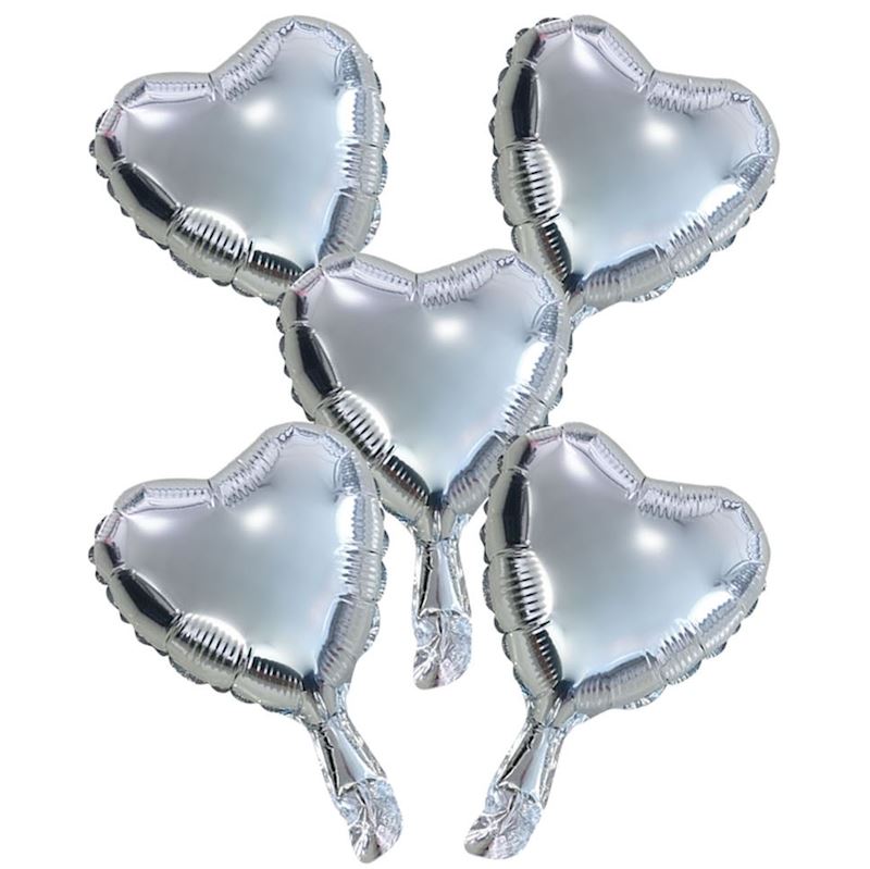 Cœurs ballons argent 23 cm avec paille, 5 pièces