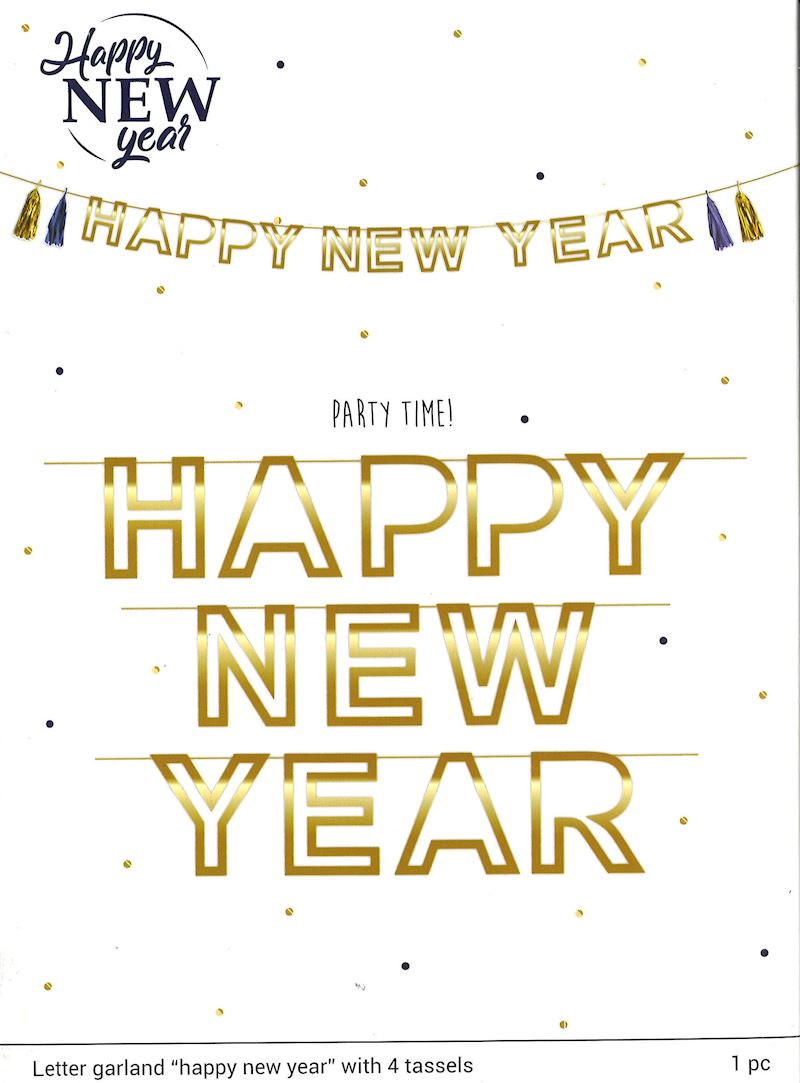 Buchstabengirlande Happy New Year, 2.65 m & 4 Quasten