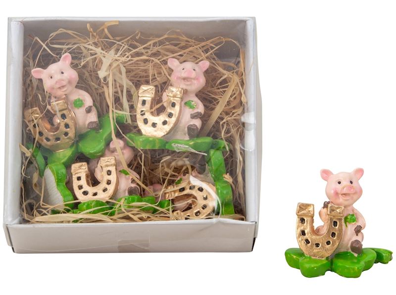 Cochon porte-bonheur avec fer à cheval sur trèfle 6 pc 3 cm