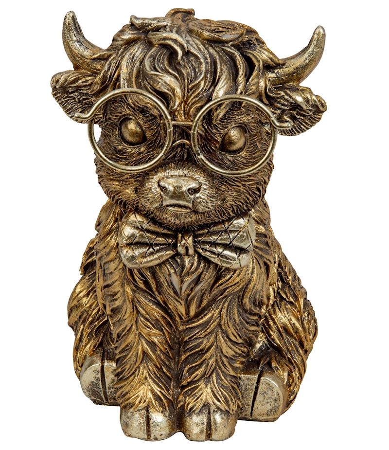 Vache des Hghlands drôle en or avec de grosses lunettes