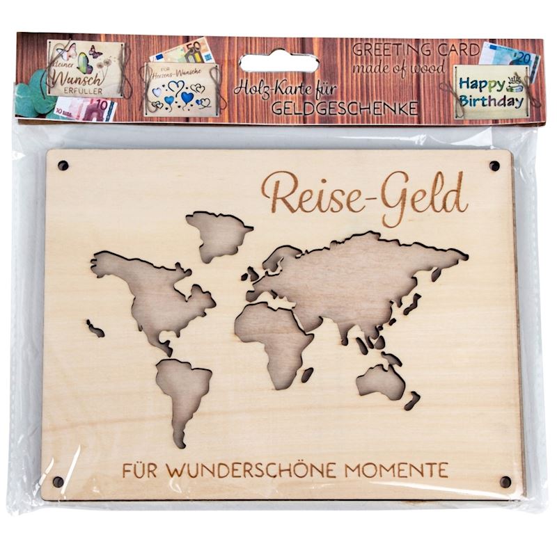 Reise-Geld Geldkarte aus Holz 15x20 cm