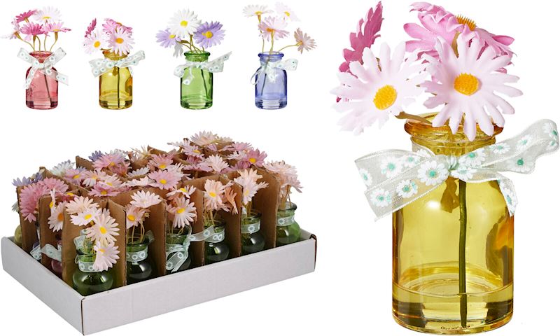 Glasvase mit Blumen 10 cm 4 sort.