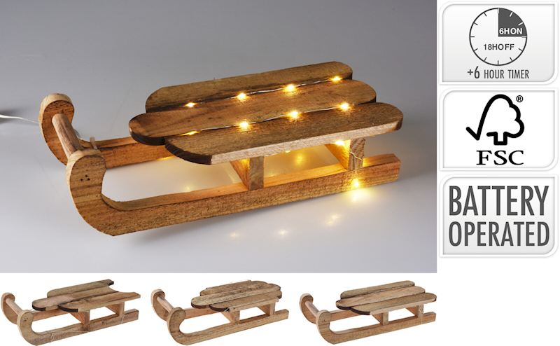 Luge en bois avec LED 30cm 3 ass.