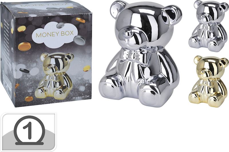 Tirelire ours 2 ass. argent et or 14x17 cm