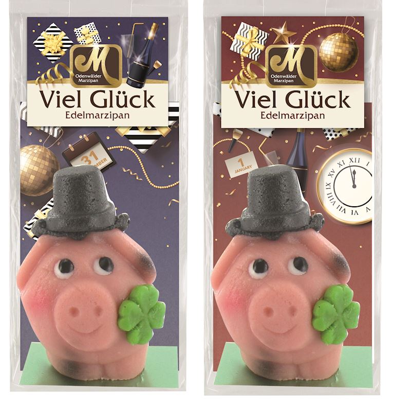 Marzipan Schwein Smily mit Zylinder im Beutel 50 g