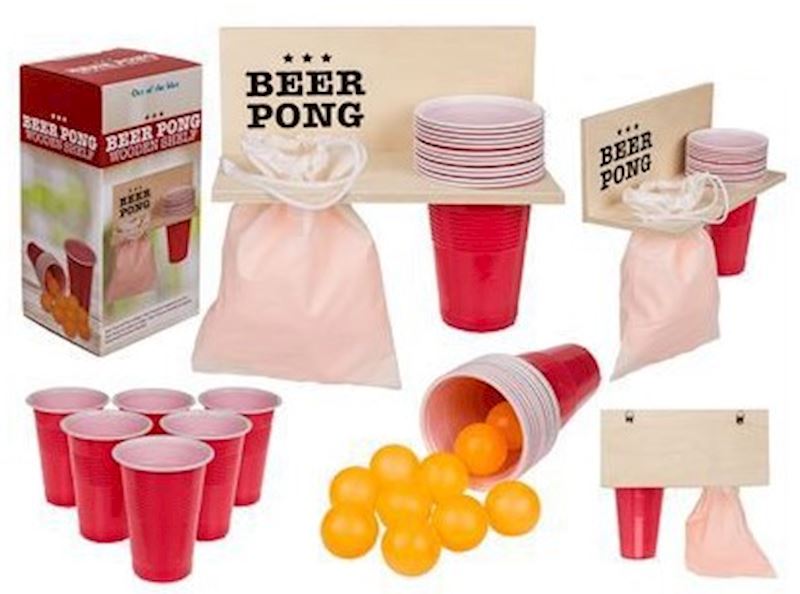 Bier Pong mit Halter aus Holz inkl. 12 Becher und 12 Bällen