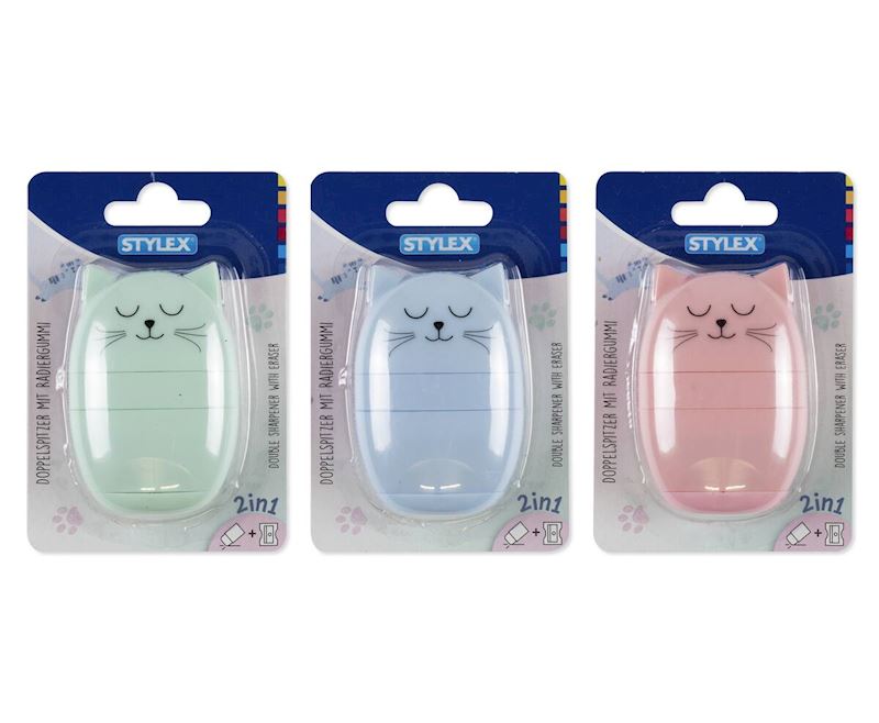 Katze Spitzer mit Radiergummi 2in1, 3 sort.