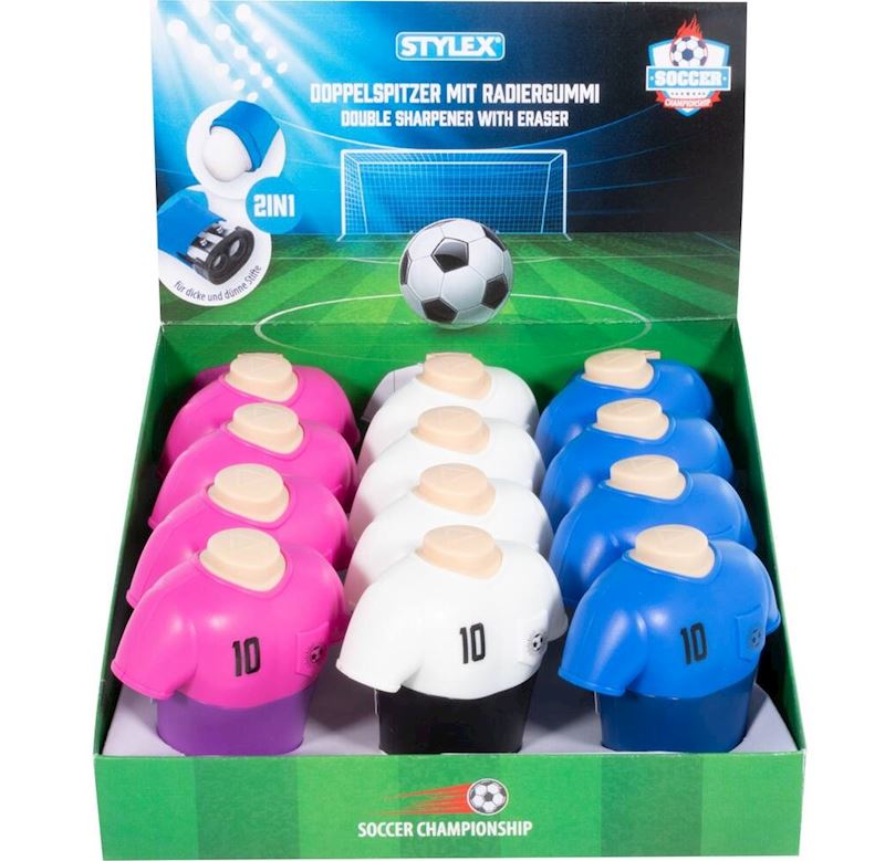 Doppelspitzer mit Radiergummi Fussball Kollektion 3 sort.