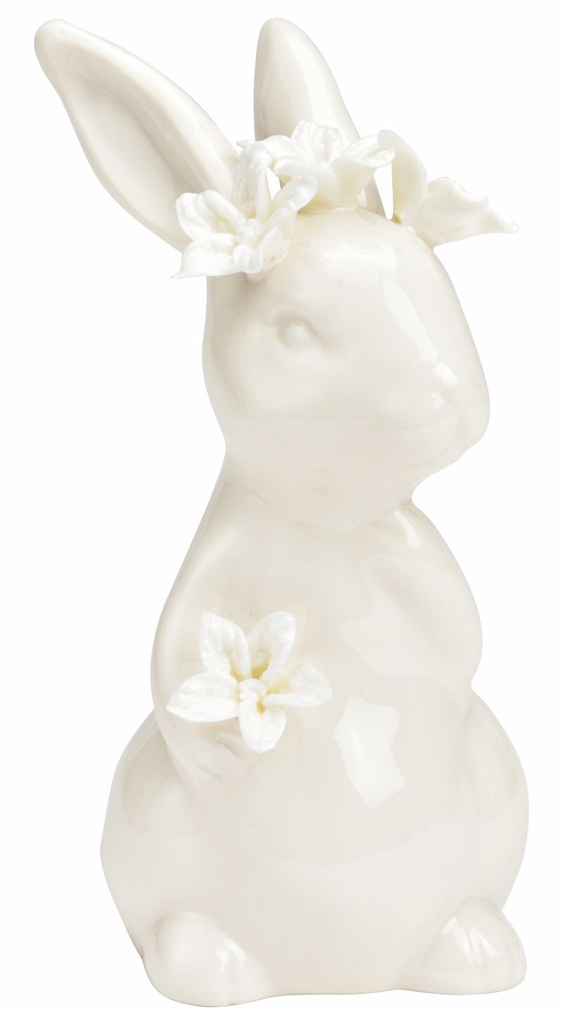 Lapin avec décor floral en porcelaine blanche, 6x12x6 cm
