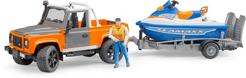BRUDER LAND ROVER Defender Pick up avec remorque, scooter