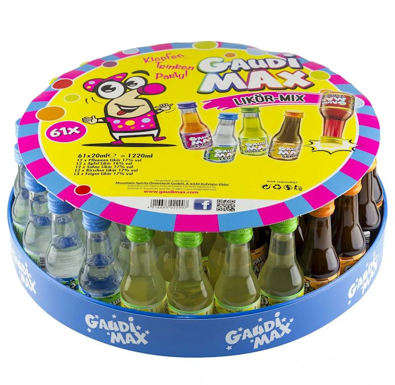 Gaudi Max Likör Mix auf dem Serviertablett 61 x 2 cl