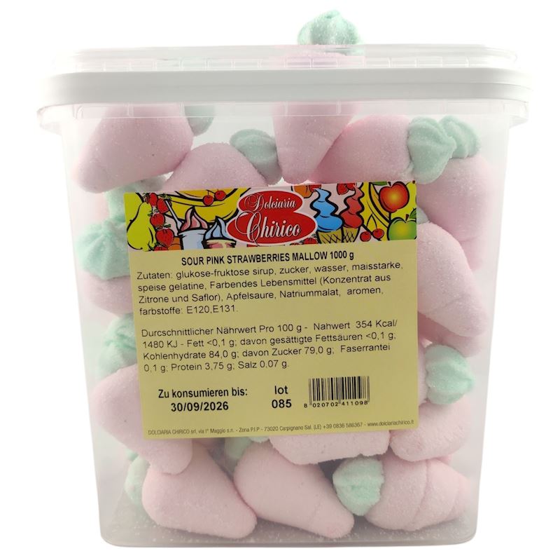 Marshmallow Erdbeeren rosa sauer, Dose à 1 kg/ca.72 Stk.