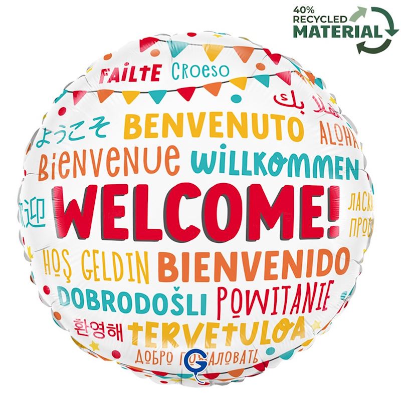 Folienballon Wilkommen rund 46 cm, einzeln verpackt