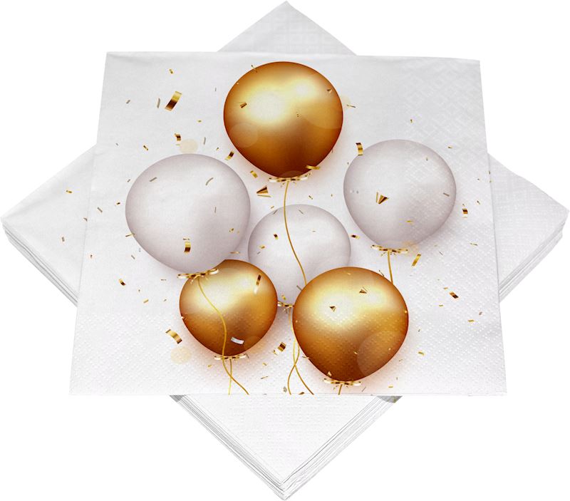 Servietten Ballons gold/weiss 25x25 cm, 30 Stk.