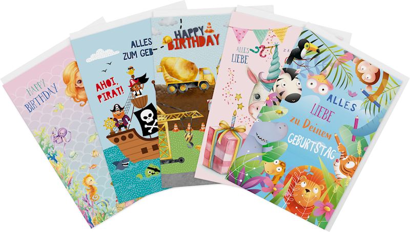 Carte d'anniversaire enfants 11.5 x 17.5 cm, 8 ass.