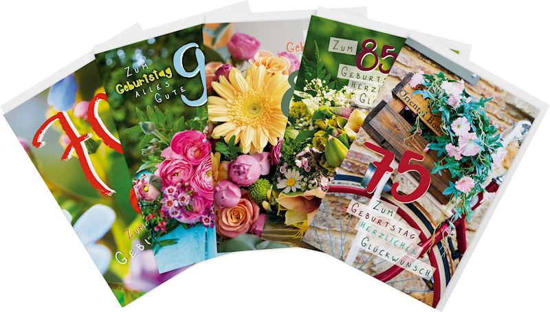 Carte d'anniversaire 65-90 11.5 x 17.5 cm, 8 ass.
