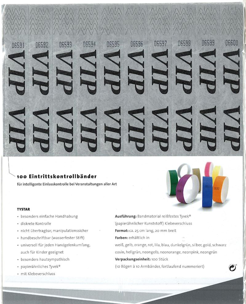 Bracelets de contrôle VIP argent 100 pcs.