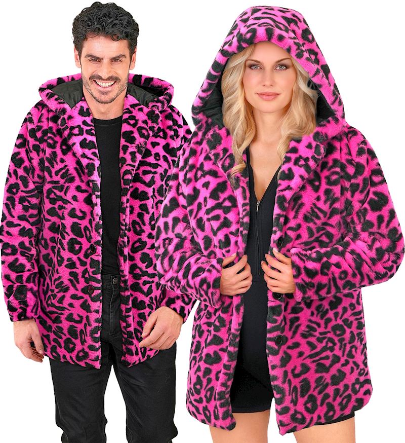 Plüsch Jacke Leopard mit Kapuze pink, Grösse S/M