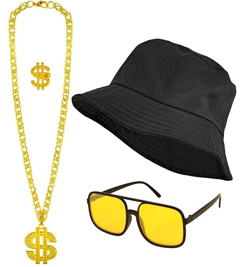 Hip Hop Set, Hut, Brille Ring, Halskette