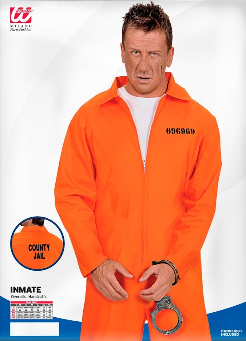 Kostüm Häftling Overall orange mit Handschellen Grösse S