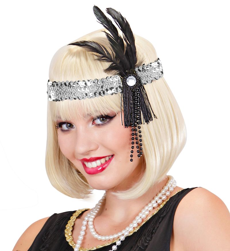 Bandeau à pailllettes argent avec plumes