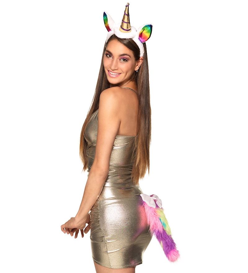 Set Einhorn Tiara und Schwanz Haarreif Glitter Regenbogen