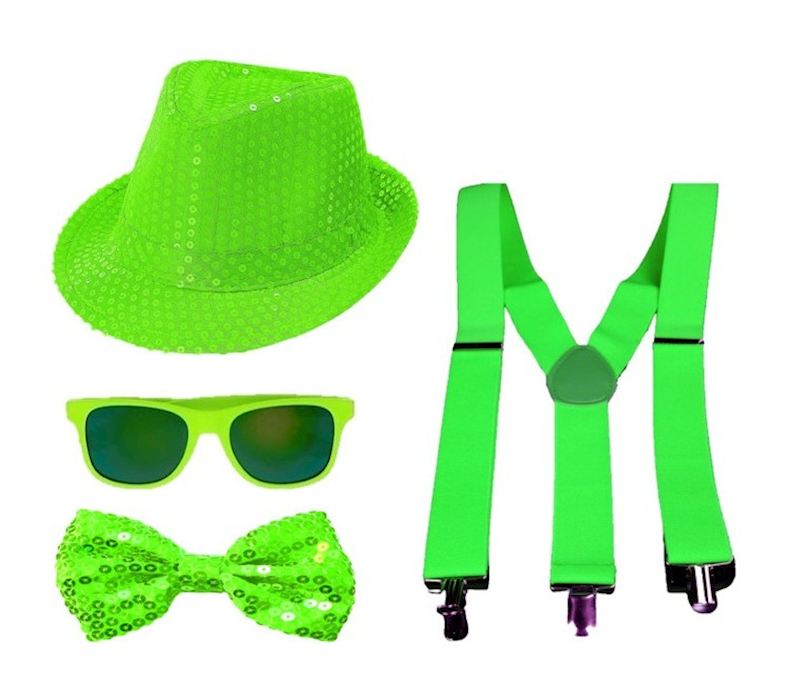 Party Set Hosenträger, Fliege Brille und Hut, neon grün