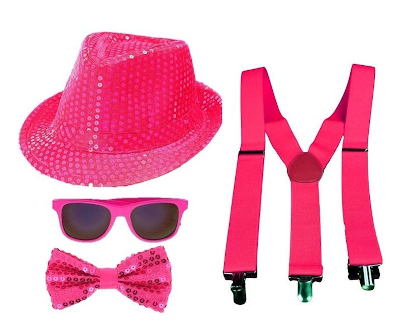 Party Set Hosenträger, Fliege Brille und Hut, neon rosa