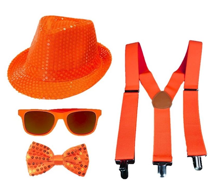 Party Set Hosenträger, Fliege Brille und Hut, neon orange