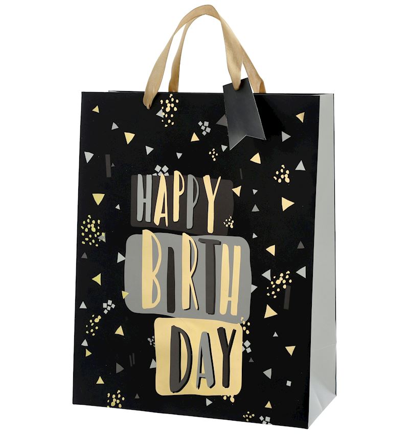 Geschenktasche schwarz/gold Happy Birthdhay, 32 cm