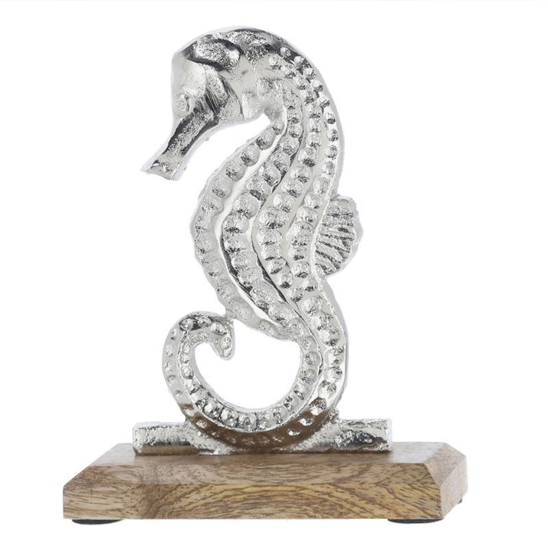 Hippocampe argenté sur pied en bois 17x13x5 cm
