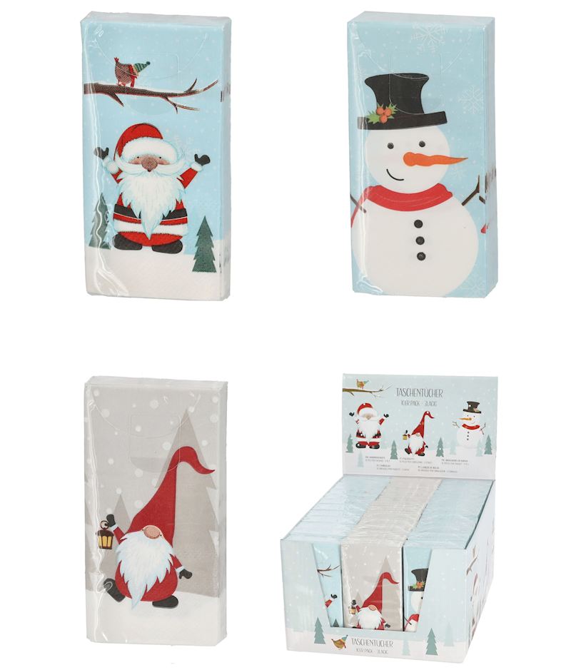 Taschentücher Weihnachten 3 sort. Wichtel, Schneemann...