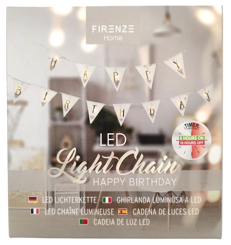 Lichterkette Happy Birthday ca. 210 cm, warmweisse LED
