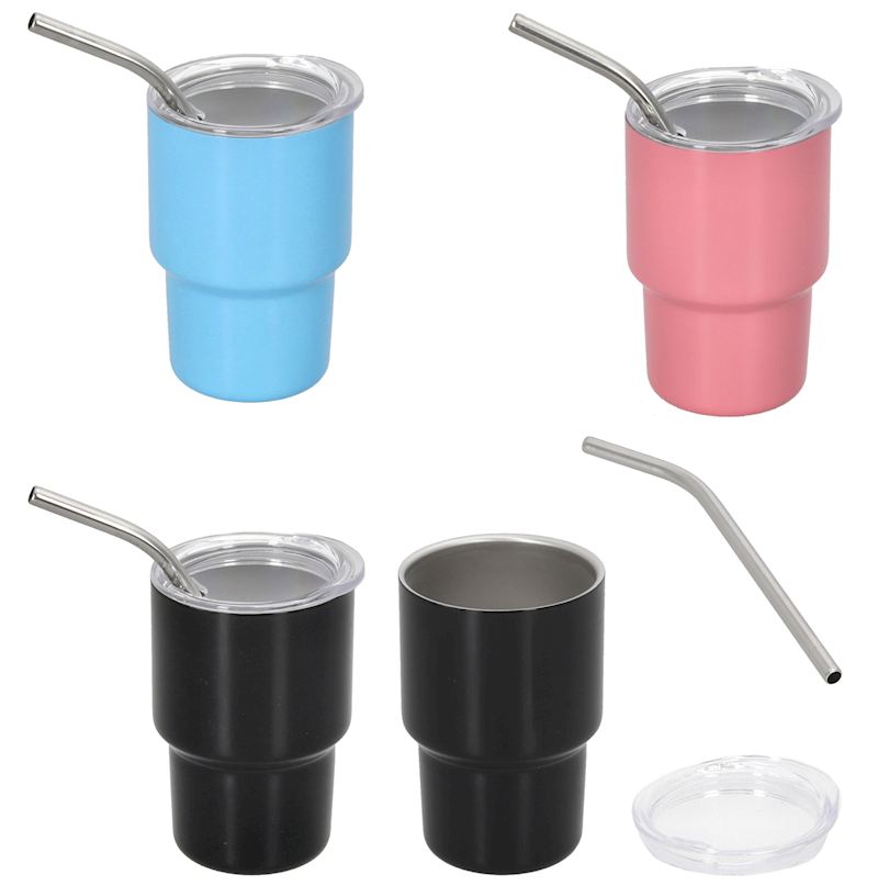 Edelstahl Trinkbecher 150 ml mit Deckel & Stohhalm 4 sort.
