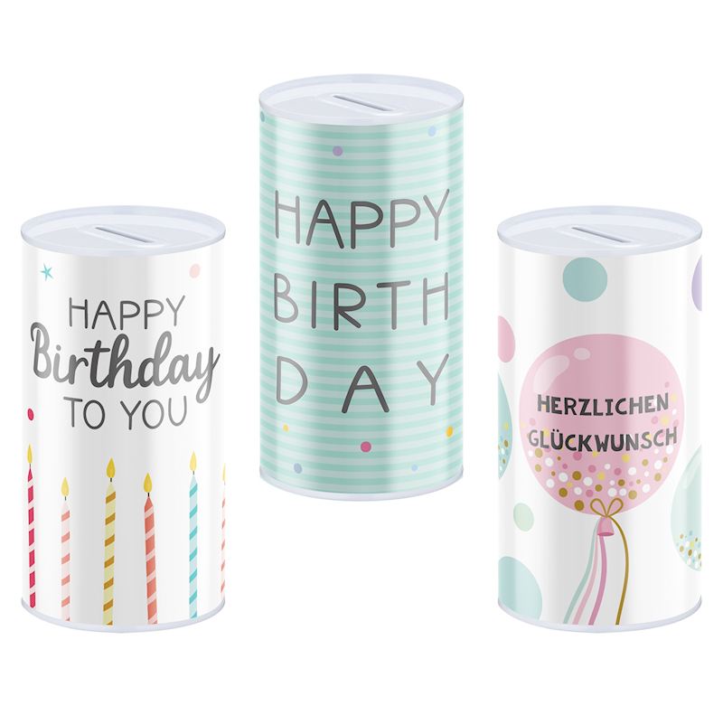 Spardose Happy Birthday 3xsort. 8.5x11.5x8.5cm