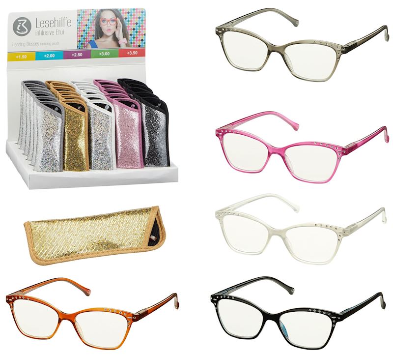 Lesebrille mit Glitzer im Etui 5 Farben 1.50 - 3.50