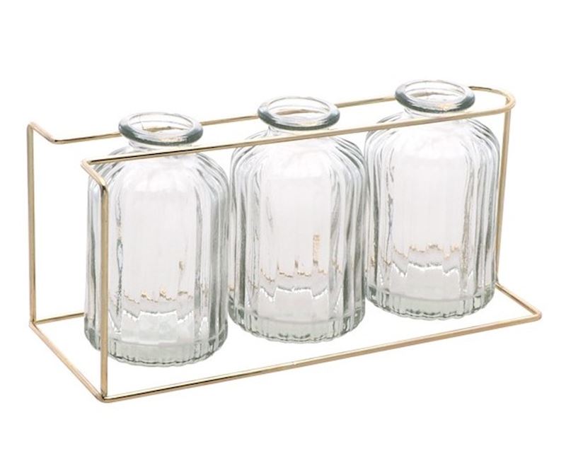 3 Glasvasen auf goldenem Metallständer 22x8.5x10.5 cm
