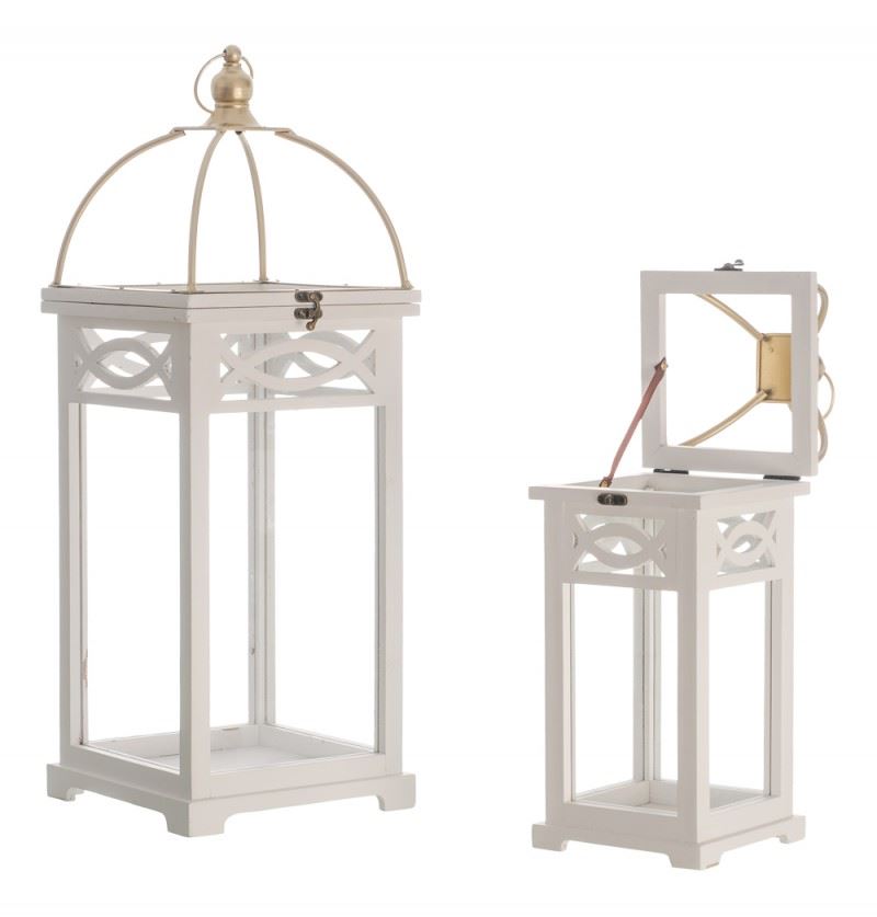 Laterne 2er Set Holz weiss 23.5x23.5x65 cm / 16.5x16.5x45
