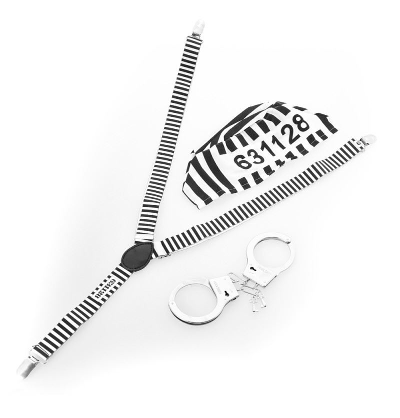 Häftling Set Hosenträger, Mütze und Handschellen