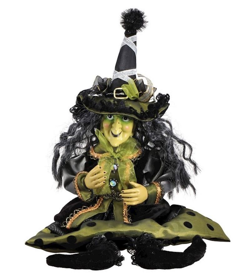 Hexe sitzend oder hängend grünes Kleid, 15x12x47 cm