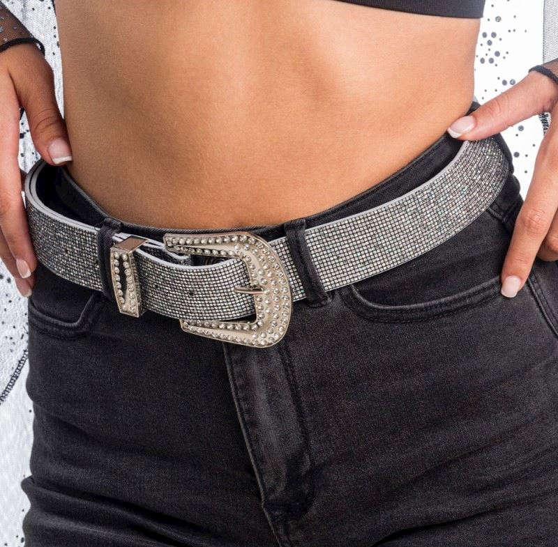 Gürtel schwarz mit Strasssteinen silber 120x3.8cm