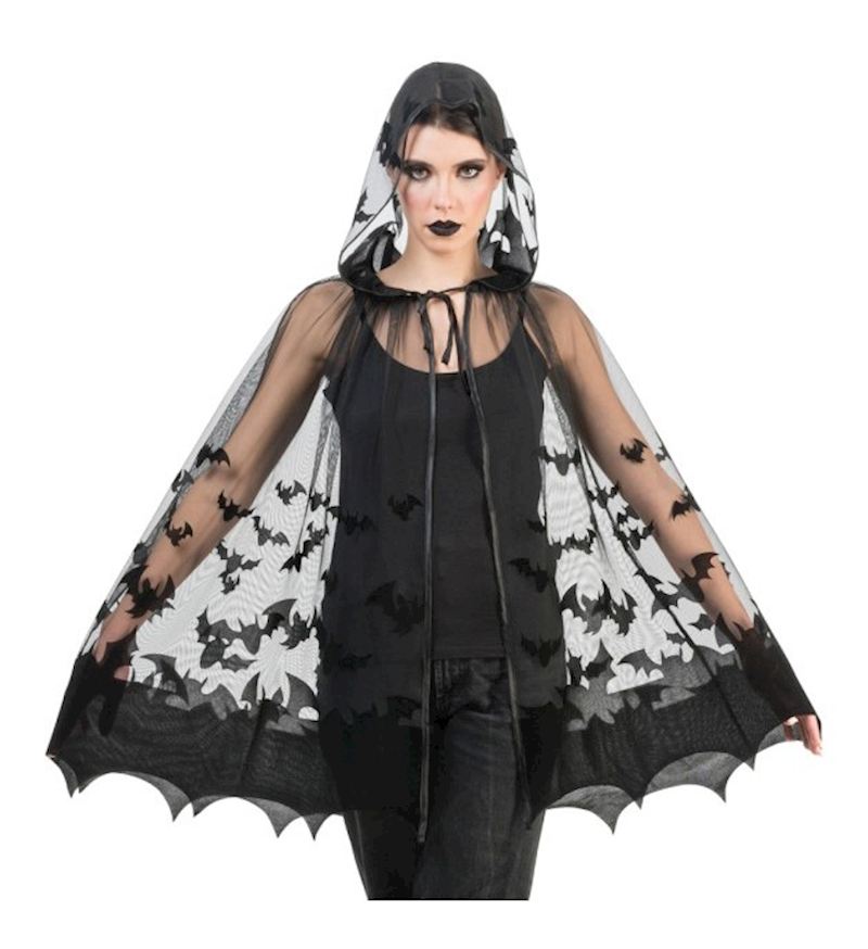 Cape avec capuche avec chauve- souris noir, 78 cm