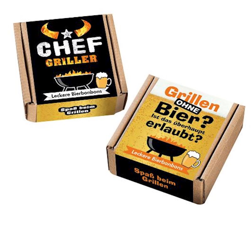 Bierbonbons in Box Grillmotiv 2 sort 10x10 cm 80 g