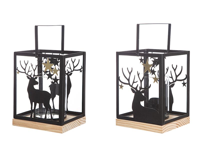 Laterne aus schwarzem Metall Hirschmotiv, 23 cm 2xsort.