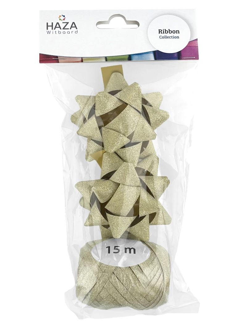 Polyband Geschenk Set, glitzer gold, 2 Schleifen, 1 Rolle