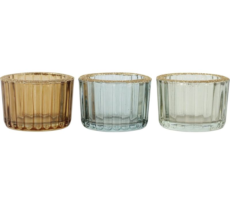 Windlicht aus Glas mit Glitter 3 Farben sort. 5 cm