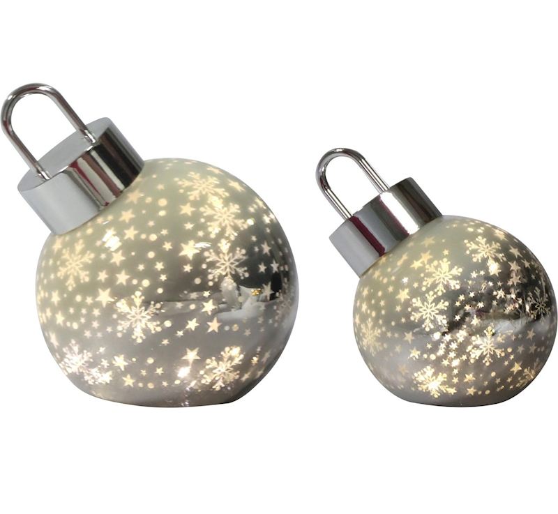 Christbaumkugel aus Glas, LED silber 2er Set 12/9 cm Timer